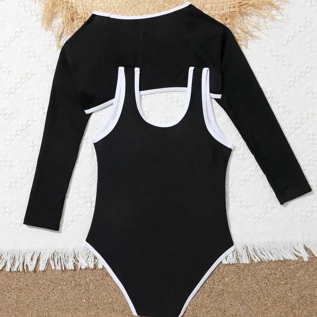 Girls Child One Piece Swimsuit with Long Sleeve Cover Up Top 7-12 Years Childrens Swimwear 2024 Teens Bathing Suits for KidsXJ250214