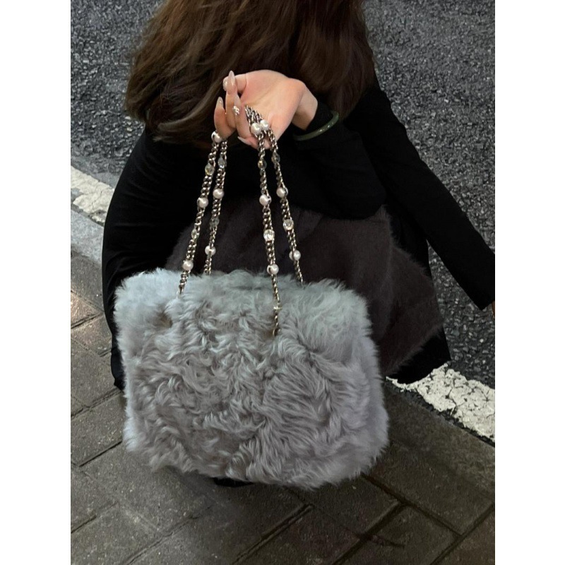 New Girl's Pearl Chain Curled Shoulder Underarm Design Texture Large Capacity Tote Bag Versatile Handbag