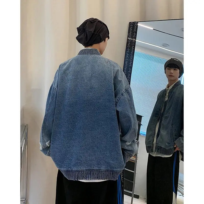 Mens Trendy American Vintage Streetwear Oversized Washed Denim Jacket Y2K Harajuku Korean Casual Long Sleeve Zipper Cowboy Coat 250212