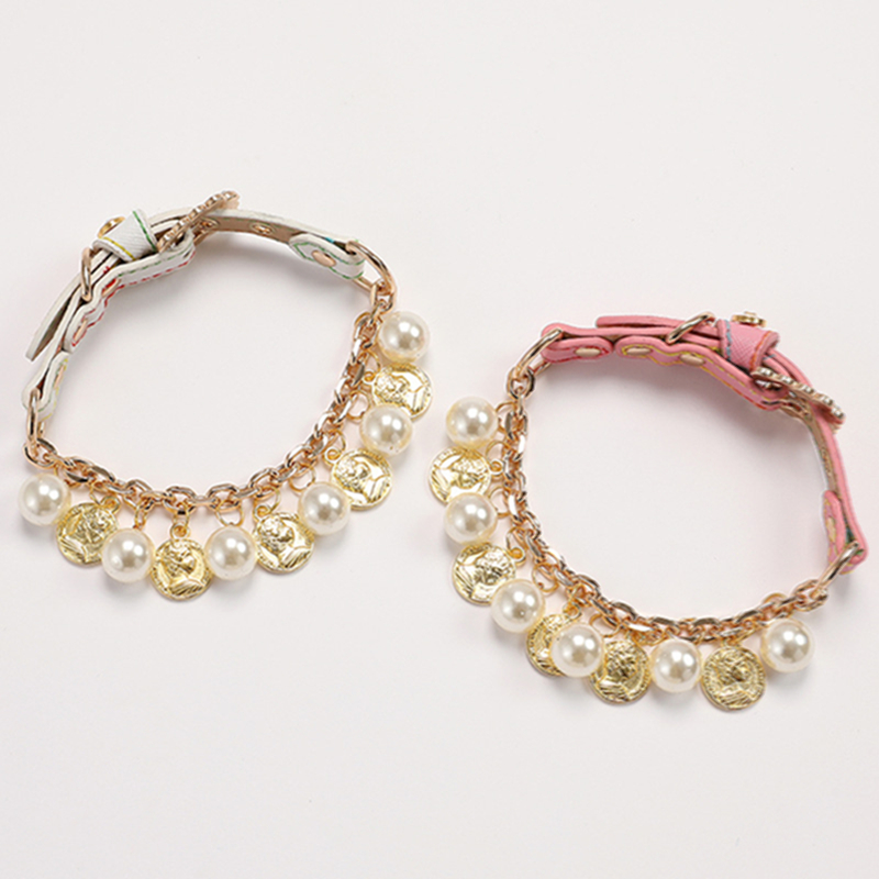 Pink Luxury Dog Collars with Pearls Gold Ornaments, Collar Leash Set for Cats Dogs, Dog Princess Neck Decoration, Adjustable Pet Collars for Gathering