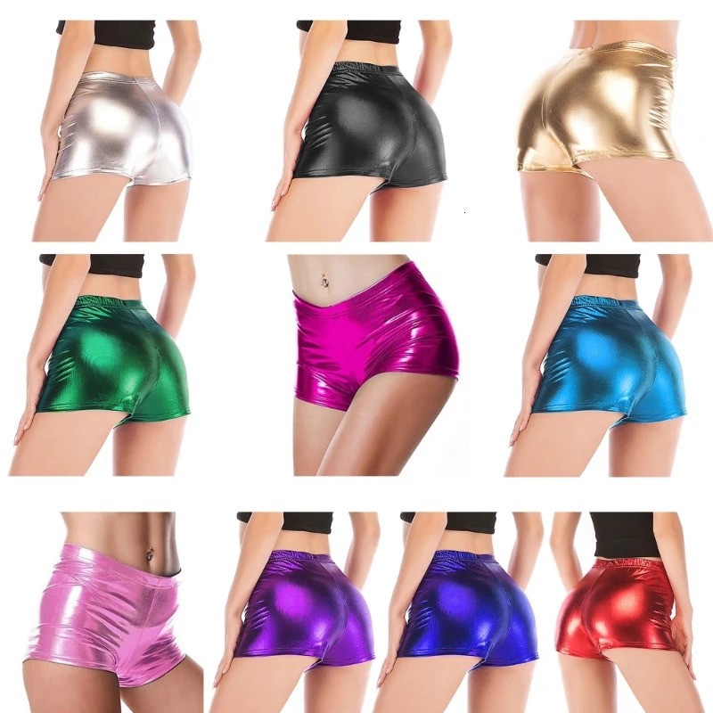 Sexy womens short sparkling elastic waist artificial PU leather solid pants mini shorts 250213