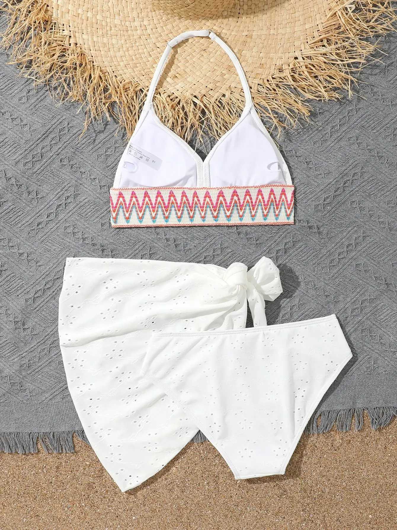 3 Pieces White Halter Bikini 2023 Girls Swimsuit Beach Skirt Kids Swimwear Female Bathers Bathing Swimming Swim Suit BeachwearXJ250214