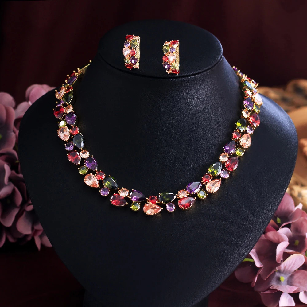 ThreeGraces Gorgeous Multicolor Zirconia Necklace and Earrings Mona Lisa Bridal Wedding Party Jewelry Set for Women T1046 250213