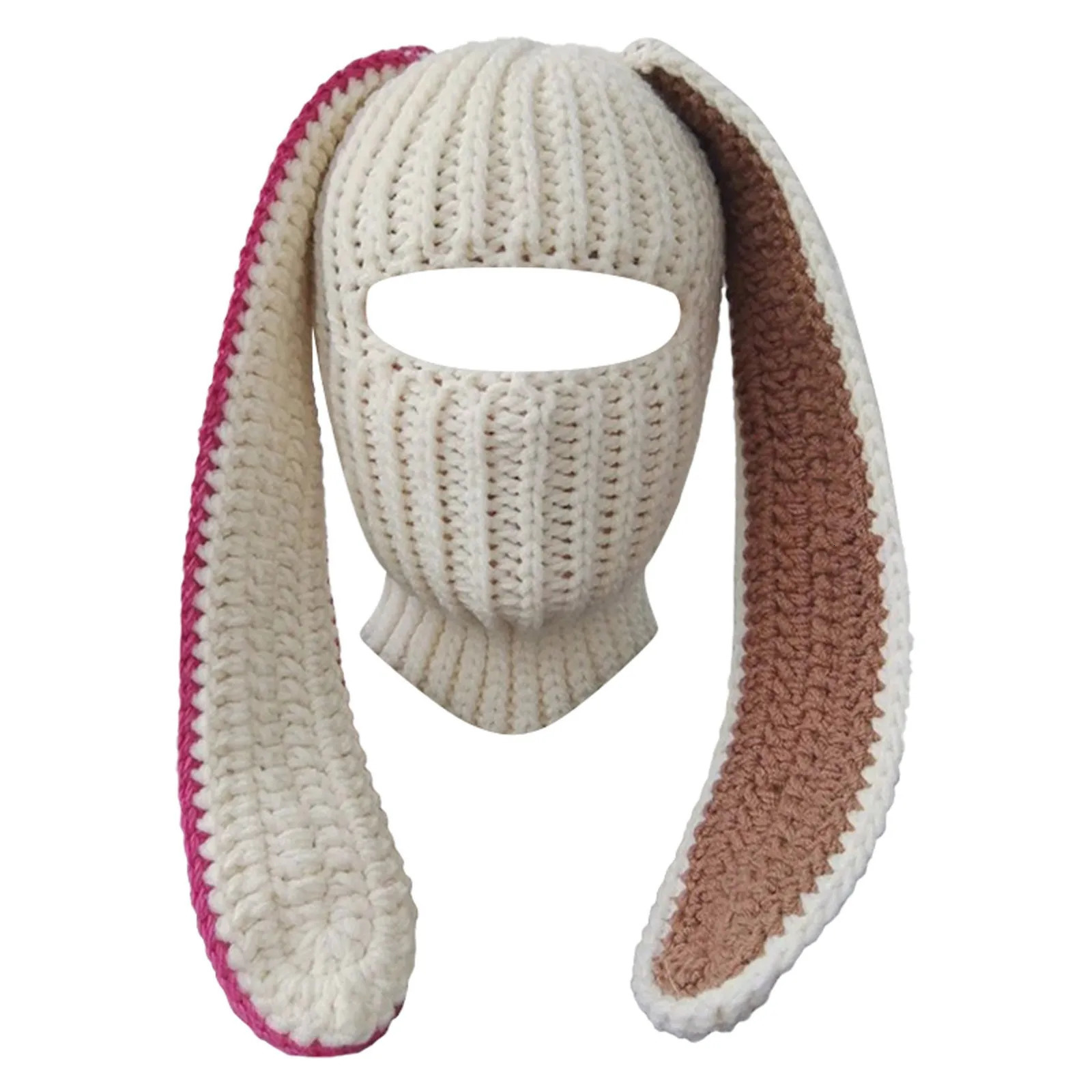 Rabbit Ear Balaclava Hat Womens Autumn/Winter Y2k Knitted Bean Solid Color Full Face Ski Mask Hat 250214