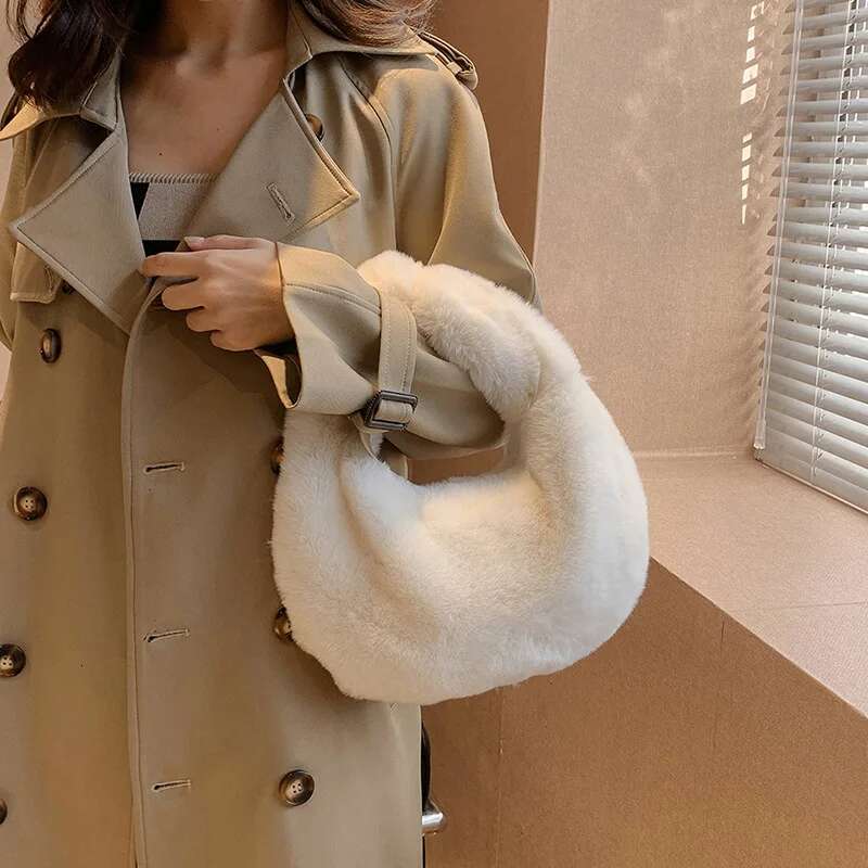 Solid Color Plush Dumpg Niche Design Small Phone Korean Style Tote Bag Faux Rabbit Fur Handbag Women