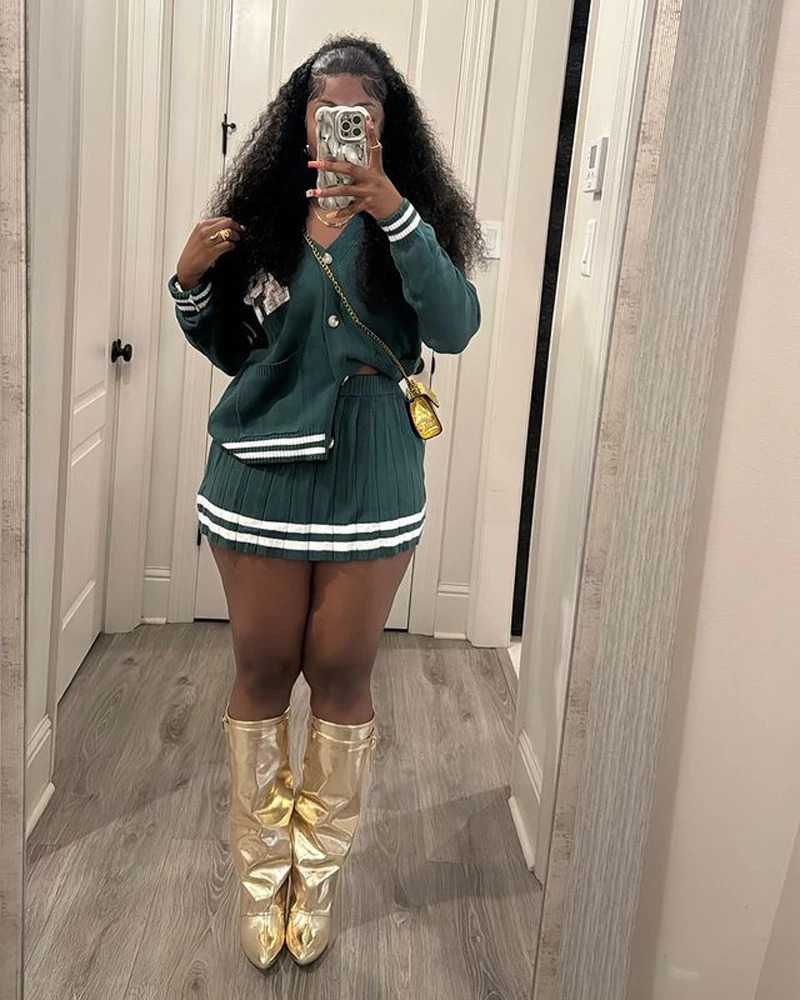 Knit Pleated Sweater Skirts 2 Two Piece Set Trendy Women Clothing Striped Letter Button Cardigan With Matching Mini Skirt Sets 250214