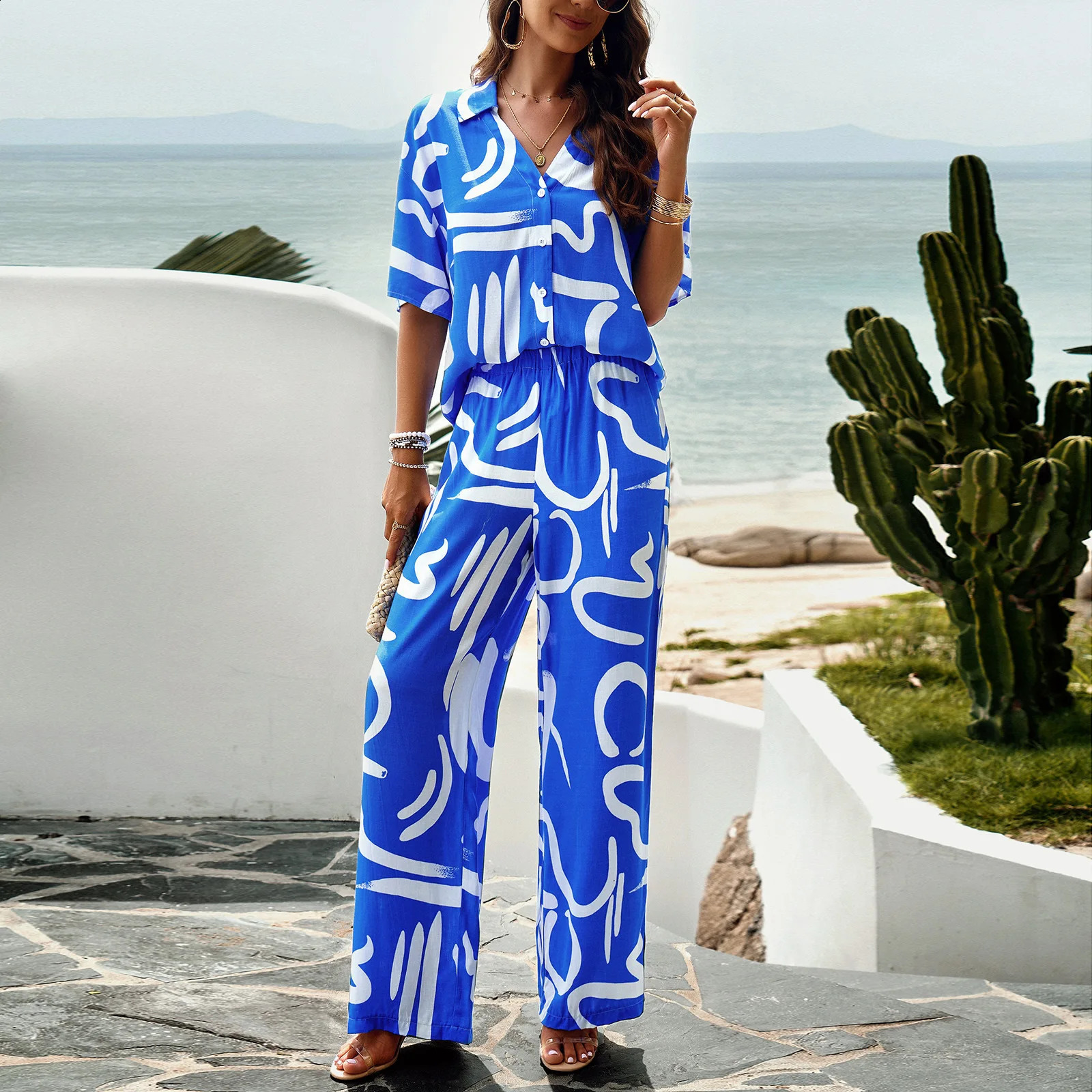 Womens Set Two Pieces Summer Line Printed Short Sleeve Womens Shirt Loose Elastic Waist Ladys Pants Womens Clothing Set 250210
