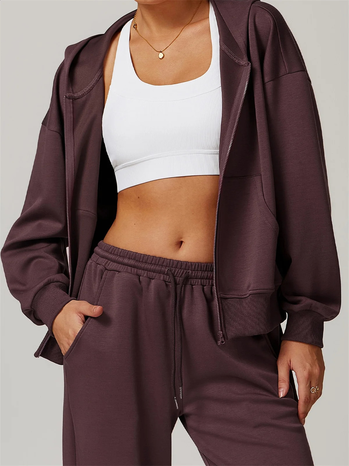 Tracksuit Women Casual Hoodies Sweatshirt Pant Set Long Sleeve Zipper Pocket Hoodies Coat Drawstring Sweatpants Sport Suit 250210