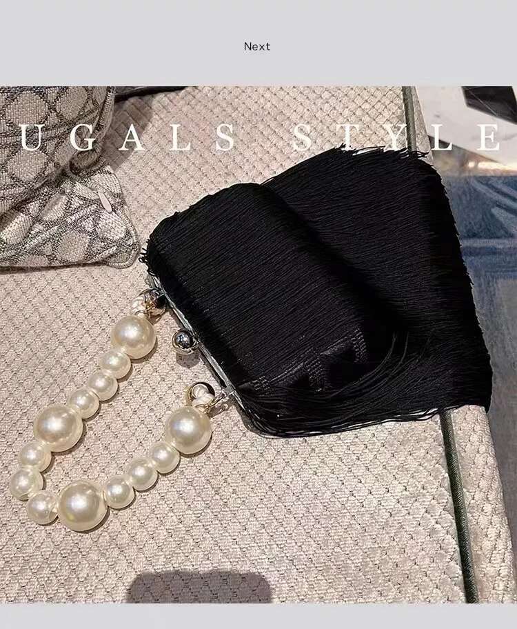 Fashion Long Tassel Women's Handbag Pearl Beading Handheld Evening Wedding Party Clutch Purse Shoulder Crossbody Bag Armpit