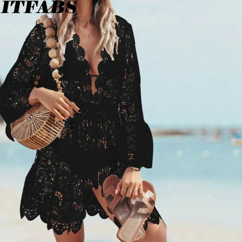 Womens Boho V-Neck Lace Dress Bikini Mini Set Crochet Print Knit Beach Swimwear Cover Up Flared Ruffles Long Sleeve SundressW250214