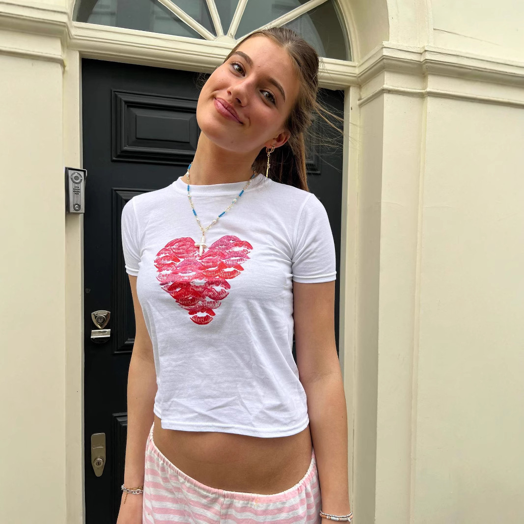 Designer Fashion Trend 2025 Spring/summer New Women Top Simple Lipstick Printed Slim Short Sleeve T-shirt