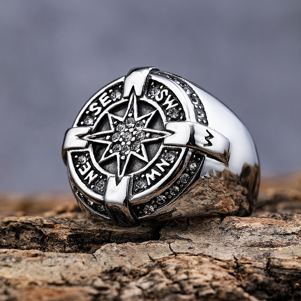 Vintage Hip Hop Star Compass Ring Titanium Steel 18k Gold Plated Mens Finger Jewelry