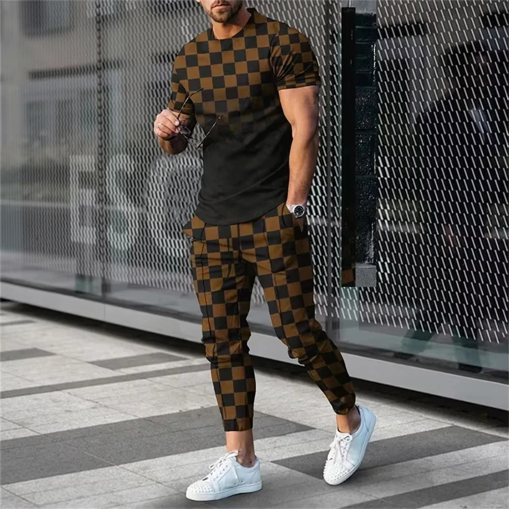 Summer 3D PrintedMen short T-shirt Trousers Set Men Short Sleeve Long Pants Set Retro Casual Men T-shirt Trousers Suit 250214