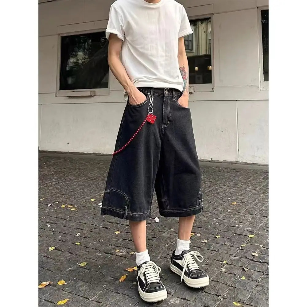 Hip Hop Retro Waist Inverted n Men Denim Shorts Instagram Gothic Street Apparel Loose Straight Leg Pants Sports 250214