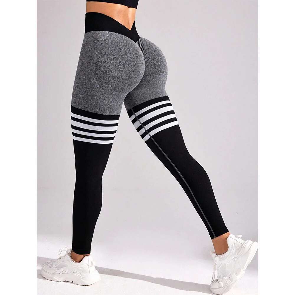 Women Seamless Stripe Yoga Leggings Sexy High Waist Tummy Control Scrunch Butt Lifting GYM Workout Pants Outdoors Sports Fiess