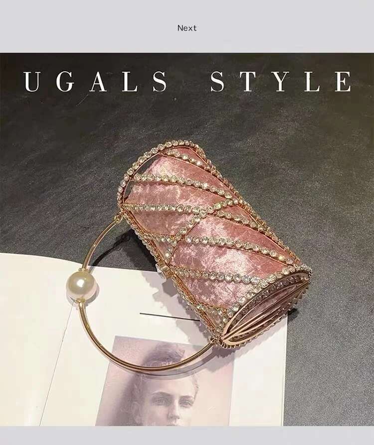 Hollow Out Metal Barrel-Shaped Veet Women Handbag Crystal Shiny Dias Evening Wedding Party Clutch Purse Crossbody Bag