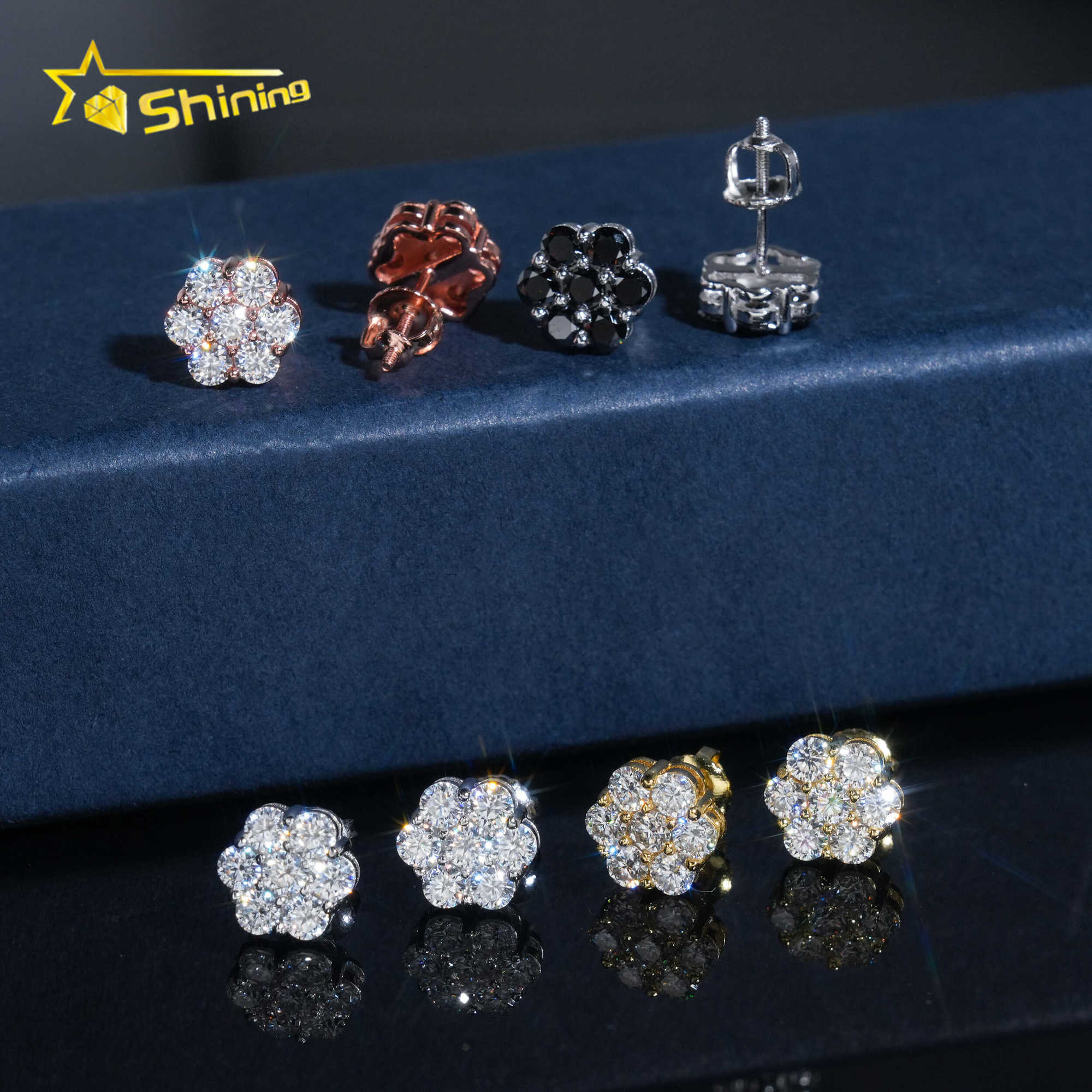 RTS Men Hip Hop Jewelry 925 Sterling Silver White Black 8mm Cluster Flower Moissanite Stud Earrings With GRA Certificate