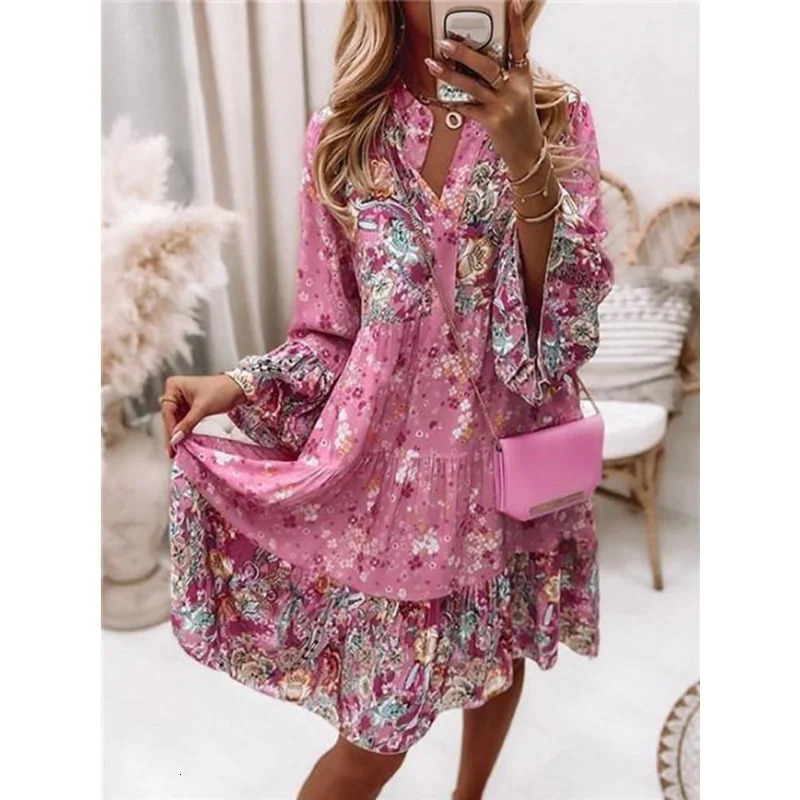 Womens Spring and Autumn Knee Length Dress Sexy V-neck Style Sweet Printed Temperament Long Sleeve Swing Dress Boho Dress 250213