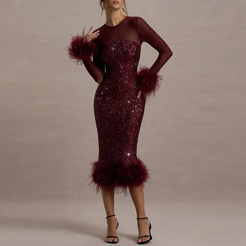 Spring Sequin Patchwork Mesh Party Dresses Women Sexy O Neck Button Hollow Long Dress Autumn Sleeve Feather Slim Hip 250214