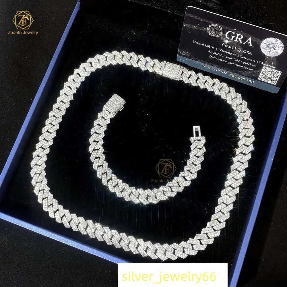 Cuban Chain Necklace 2rows 925 Solid Silver Moissanite Diamond 18k Gold Plated 12mm Cuban Link Chain Hip Hop Necklace