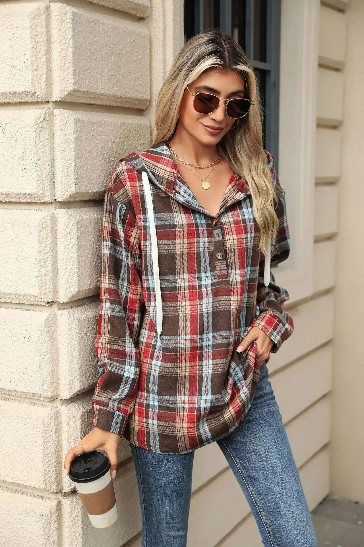 Autumn and winter loose long sleeved hooded button checkered coat casual hoodie for women 250213