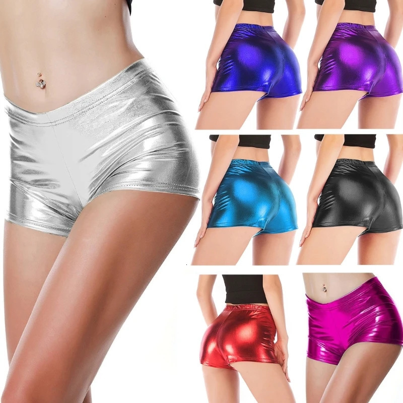 Sexy womens short sparkling elastic waist artificial PU leather solid pants mini shorts 250213