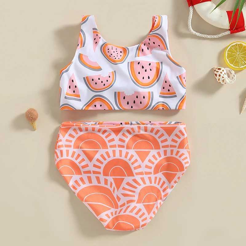 Kid Girl Swimsuit Two Pieces Sets Sleeveless V Neck Watermelon Print Striped Swimwear Summer Swimming Beach Bathing SuitXJ250214