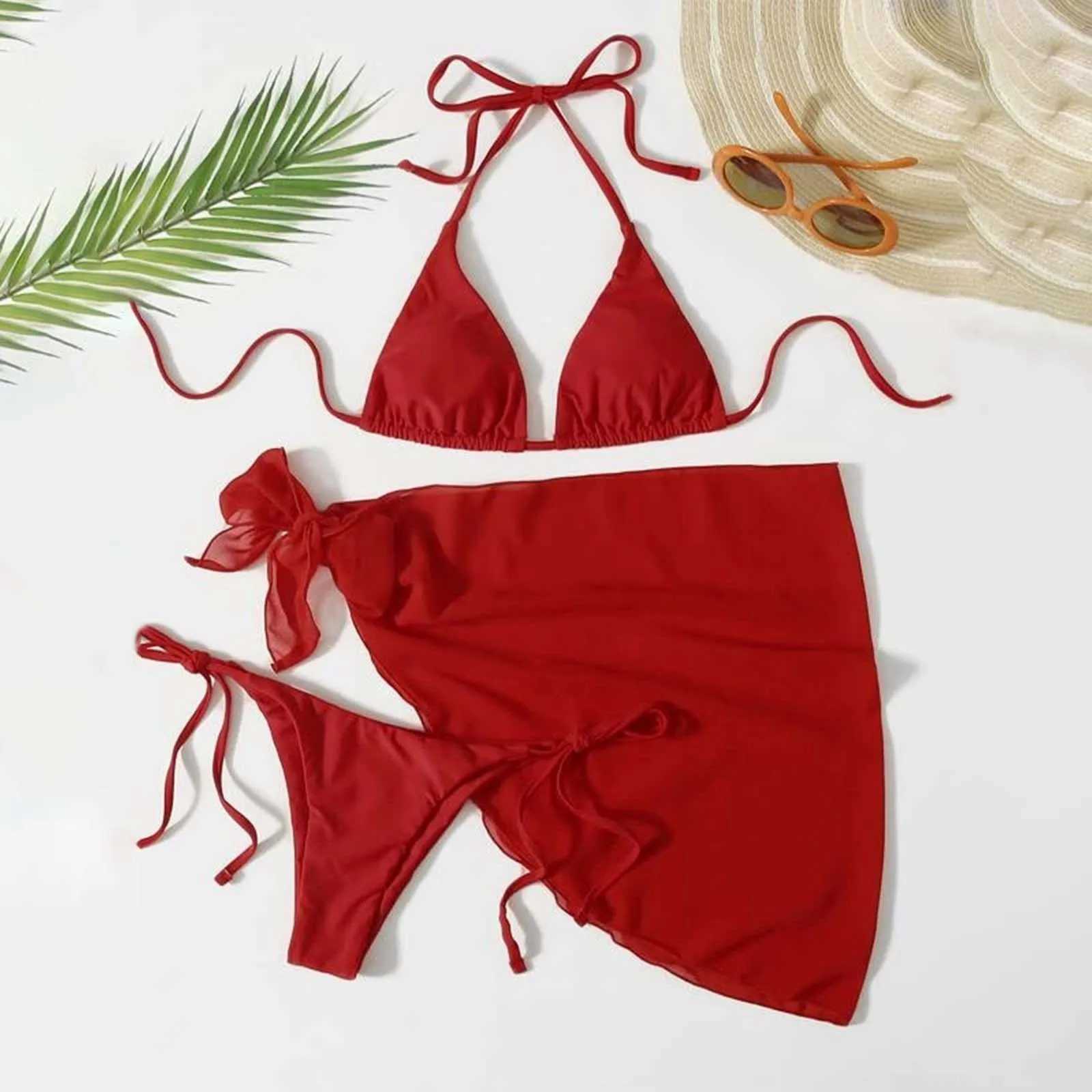 Sexy solid color suspender push up three piece bikini set for womens summer new holiday beach swimsuit womens swimsuitW250214