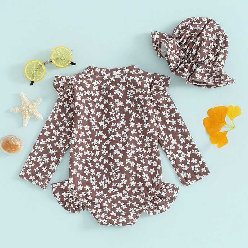 Baby Girls Bathing Suit Outfits Round Neck Flower Print Long Sleeve Zipper Swimsuit and Swim Cap Toddler Baby Beach Wear SetXJ250214