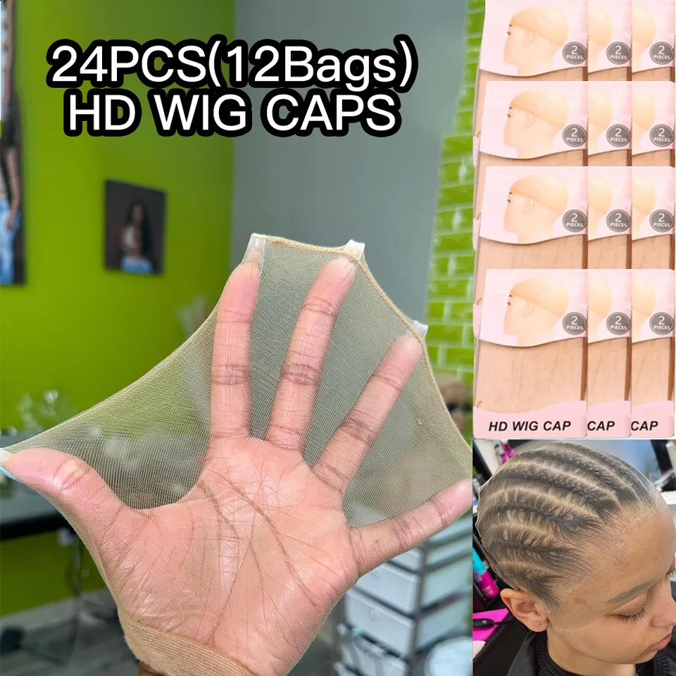 24Pcs12Bags HD Thin Stocking Wig Caps Soft Lightweight HD Wig Cap Breathable Stretchy Wig Caps Secure Your Hair for Women 250214