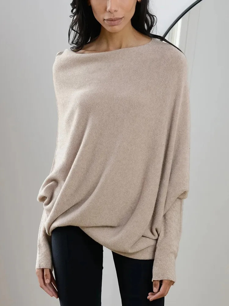 Womens Long Sleeve Neck Tunic Knitted Tops Autumn Winter Solid Loose Pullover Sweaters Off Shoulder Sweater Slash Neck Top 250210