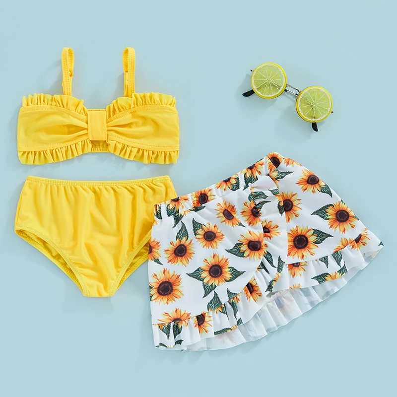 9M-4T Kids Girls Swimwear and Cover Up Summer Floral/Tie Dye Print Camisole Bra Elastic Shorts and Ruffle Skirt 3-Piece SetXJ250214