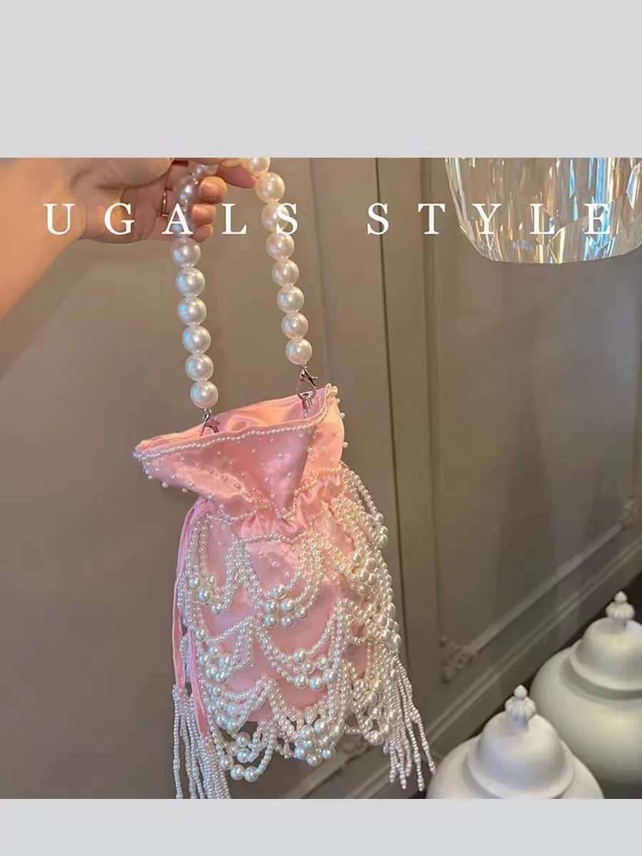 Women's Handbag Satin String Bucket Pearl Beading Tassel Handmade Evening Wedding Party Clutch Purse Shoulder Bag