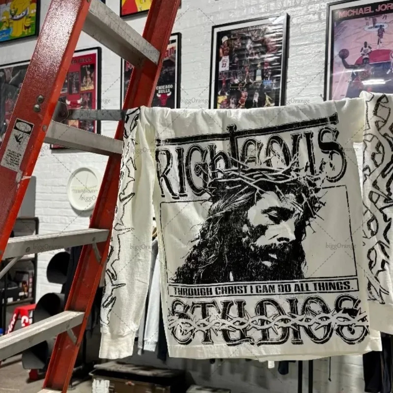 European and American Harajuku Retro Streetwear Gothic Punk Style Letter Print Long-sleeved Men Hip-hop Trend Oversized T-shirt 250210