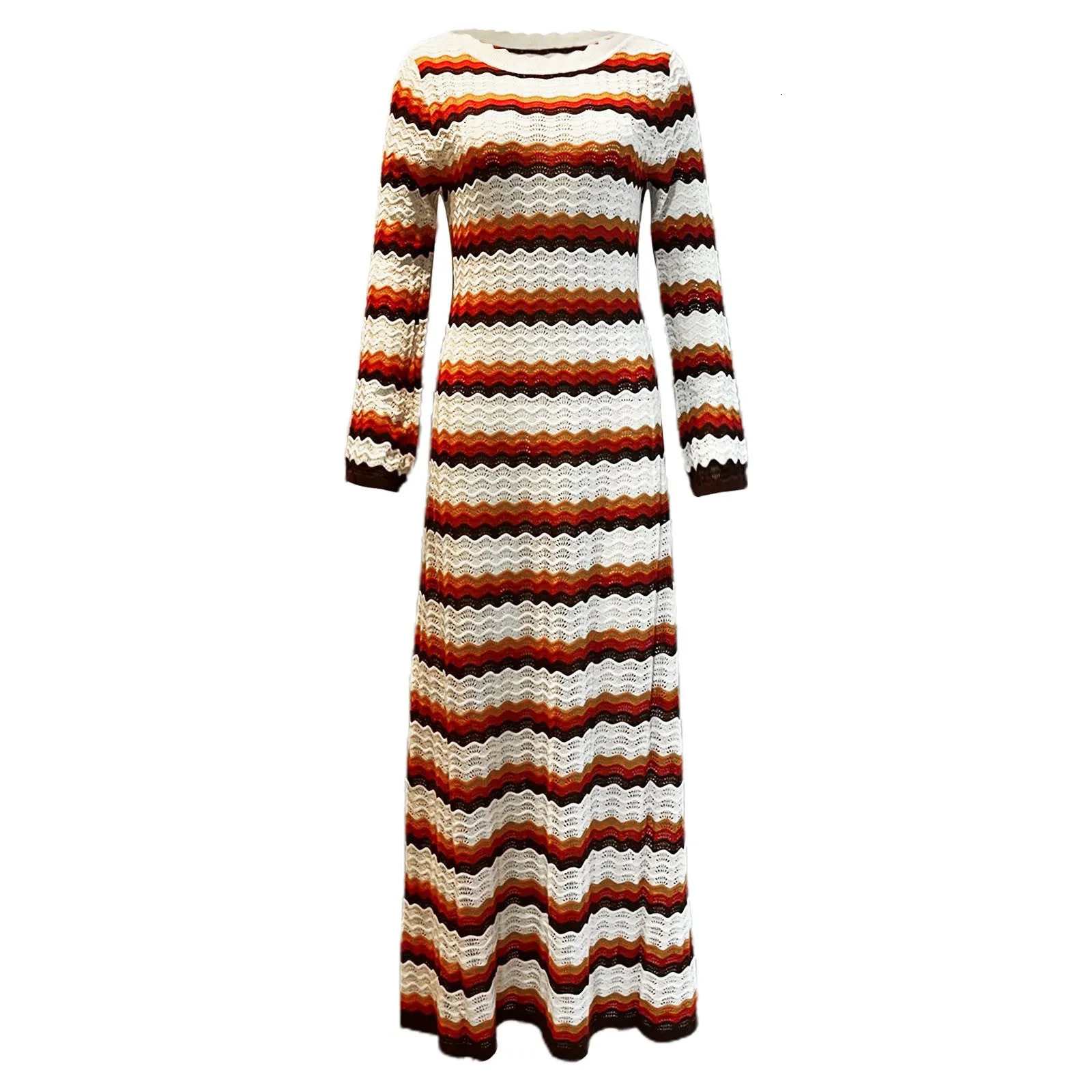 Knitted Hollow Out Dress Womens Striped Print Contrast Color Beach Vacation Long female sexy backless Maxi Vestidos 250214