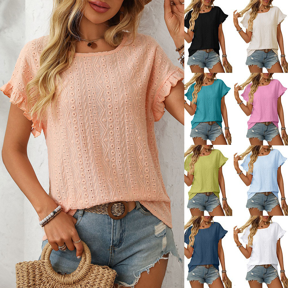 Designer Women Clothing 2025 Spring/summer New Product Solid Color Round Neck Sweet Short Sleeve T-shirt Hollow Top