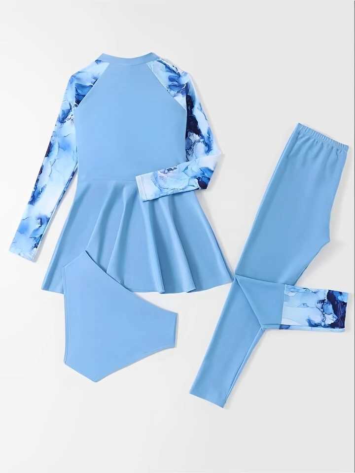 2025 3 Pieces Girls Swimsuit Kids Swimwear Female Long Sleeve Beach Dress Pants Childrens Bathers Bathing Swimming Swim SuitXJ250214