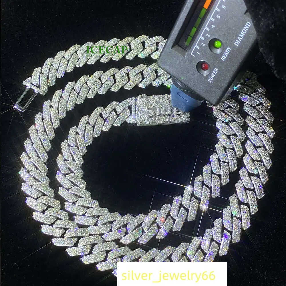 Hiphop Jewely Custom 12mm 2 Rows Vvs Moissanite Cuban Chain Lock Name Sterling Silver Pass Diamond Tester Rapper Chain Necklace