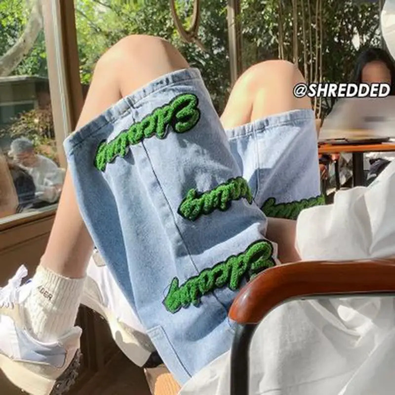 Mens Denim Shorts Embroidered Jeans Shorts Men Summer American Style High Street Water Wash Five-point Pants Y2K Clothes 250210