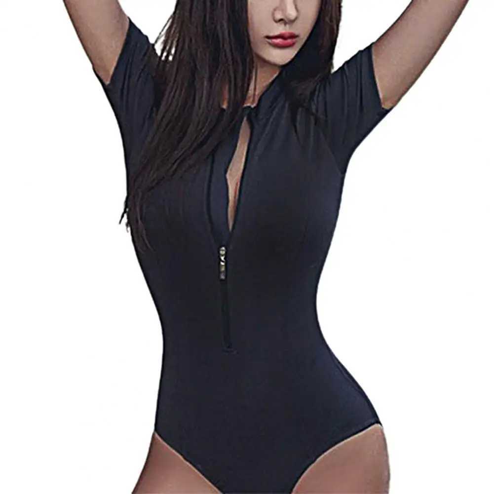 Fashion Women Slim Short Sleeve Monokini Zipper Swimsuit Spring Beach Monokini Adjustable Bodysuit Bathing Suit Swimwear DressW250214