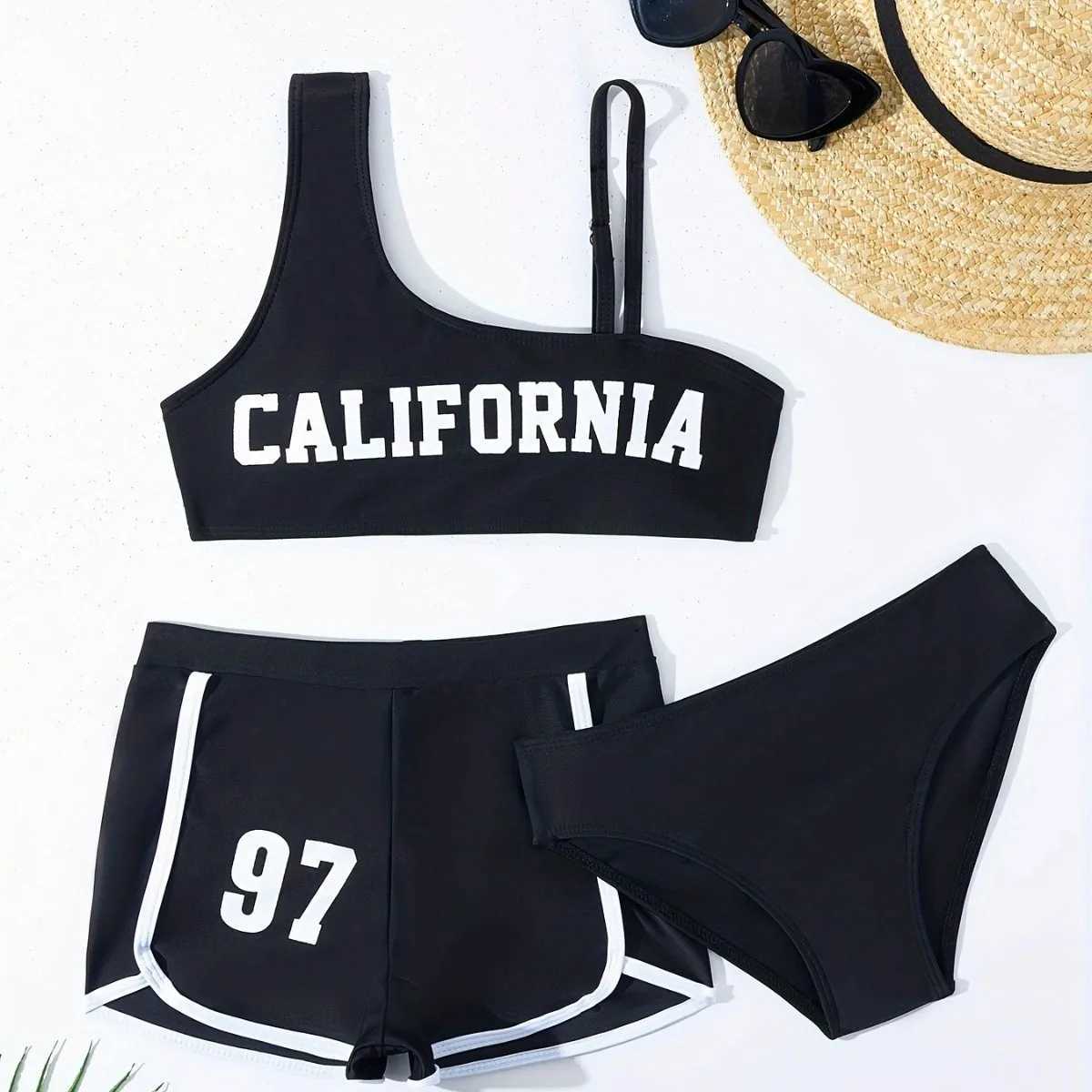 Girls 3pack Letter Print Sports Bikini Kids Swimsuit High Waist Shorts 8-12 Years Childrens Swimwear 2025 Teens Bathing SuitXJ250214