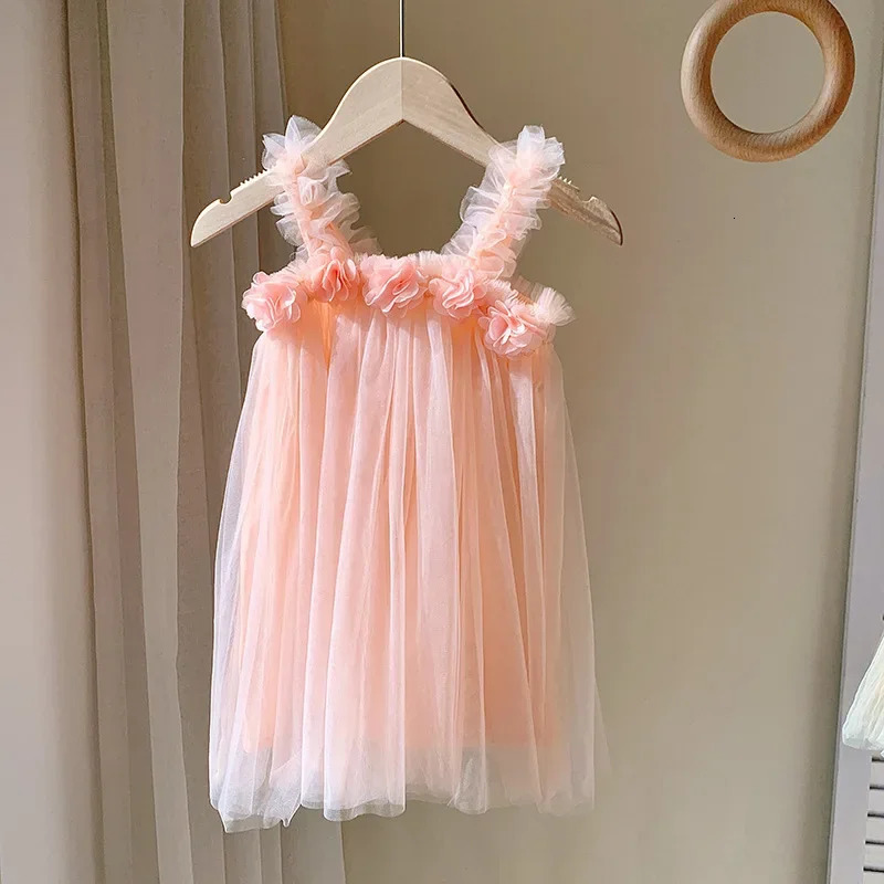 Summer Kids Baby Girl Tulle Mesh Dress Flower Sling Sweet Children Solid Color Dresses for Girls Sundress Toddler Princess Dress 250213