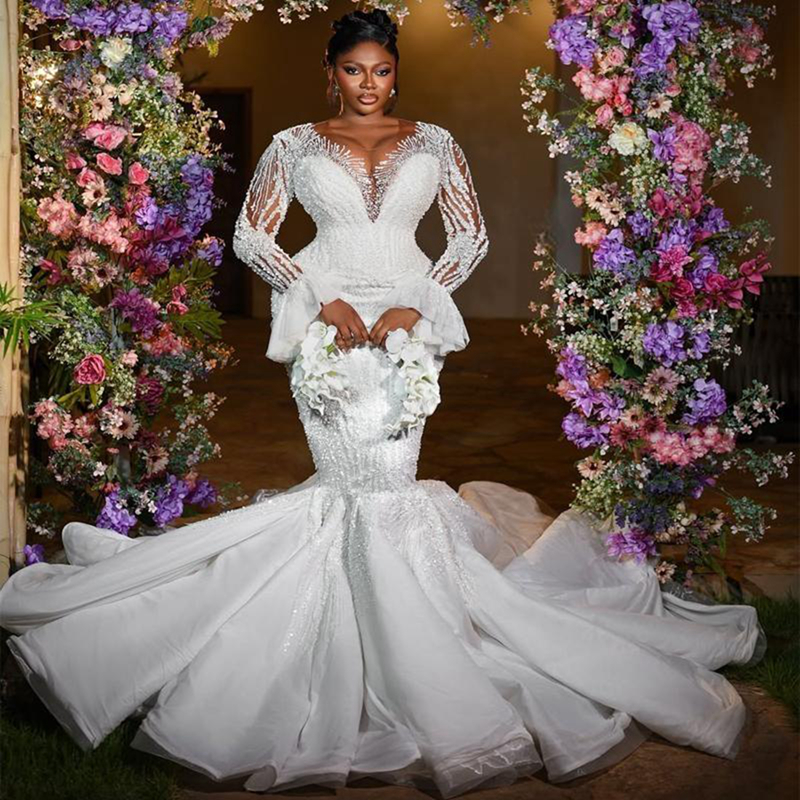 2025 Plus Size Mermaid Wedding Dress Bridal Gowns For Bride Sheer Neck Illusion Long Sleeves Appliqued Beaded Pearls Lace Wedding Gowns For Black Wome