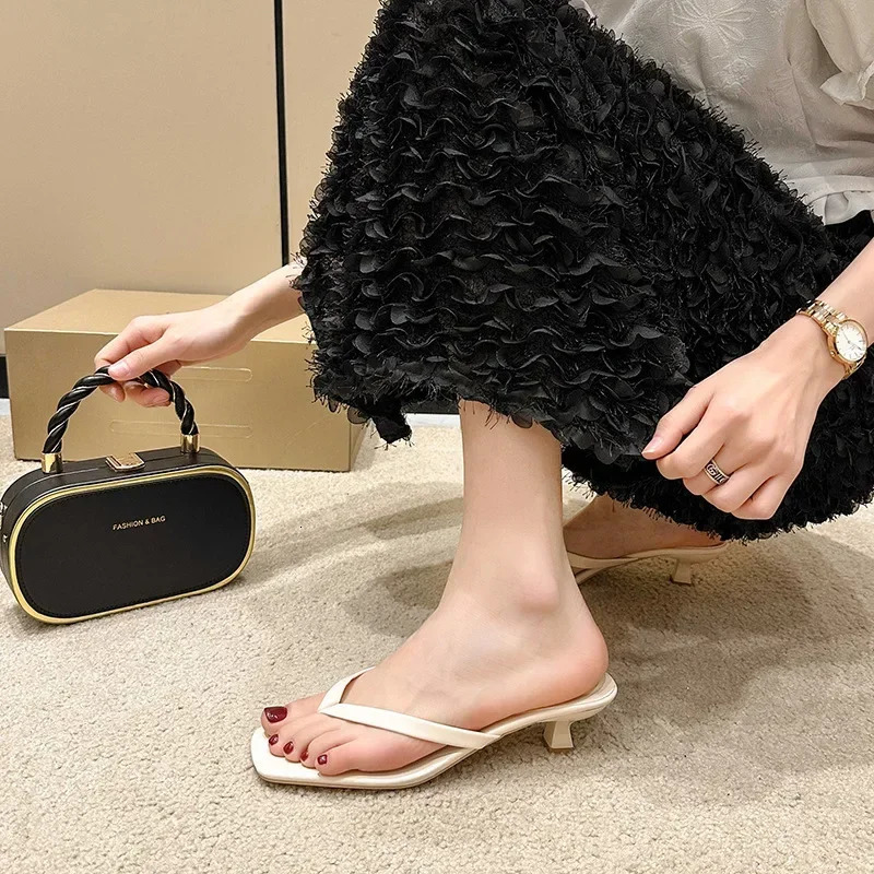 Clip-toe Fashion Sandals Women 2024 Summer Thin Heel Flip Flops Ladies er Casual Solid Color Slippers for Women 250214