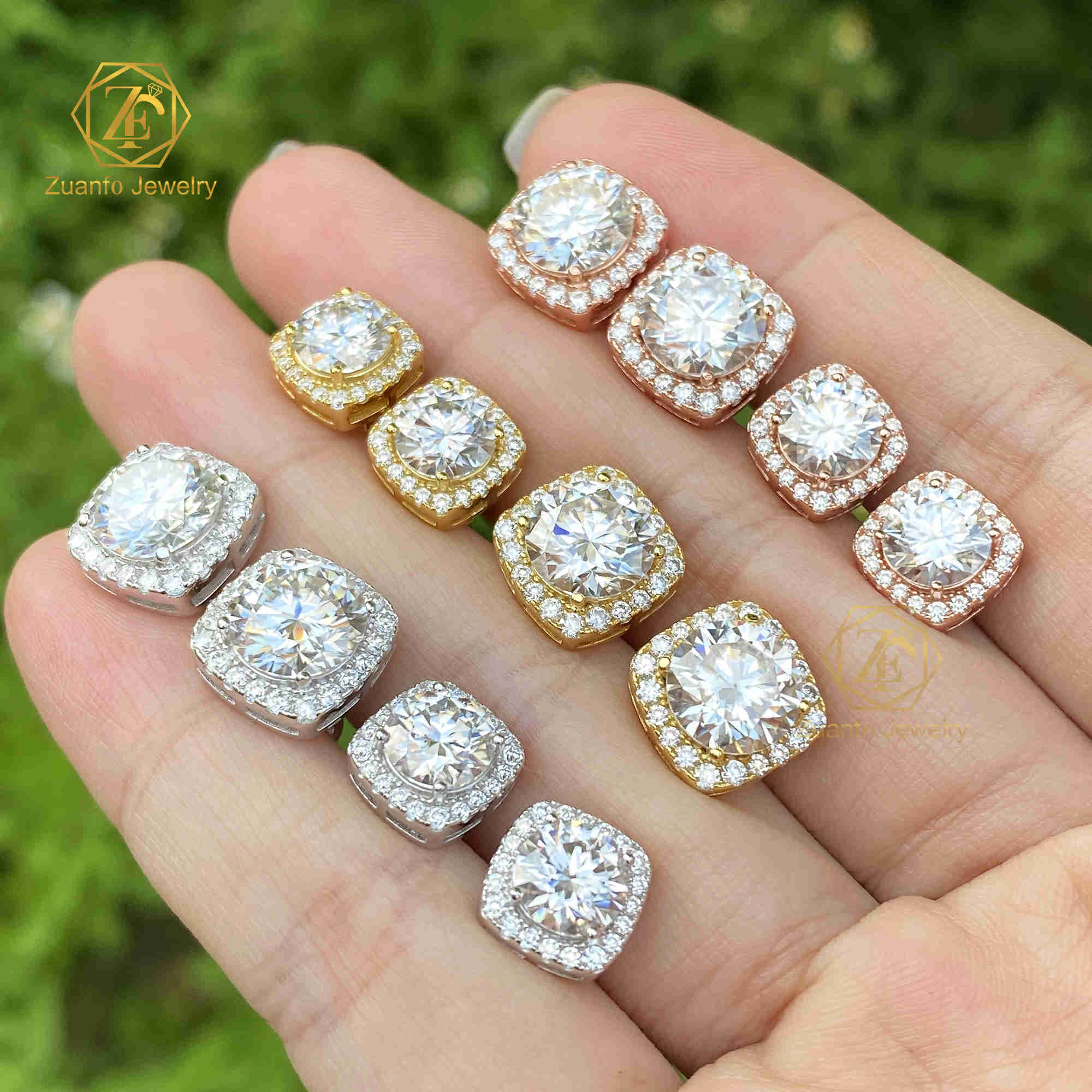 Pass Diamond Tester Moissanite Stud Earrings 925 Sterling Silver 1ct 2ct vvs Moissanite Diamond Halo Earrings for Men Women