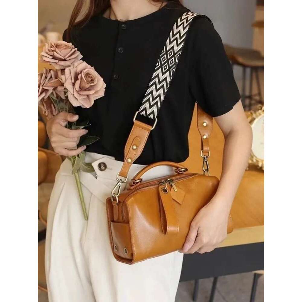 Office Ladies Design Casual Boston Pillow Bag Genuine Leather Handbag Tote Women Vintage Single Shoulder Zipper Genuine Leather