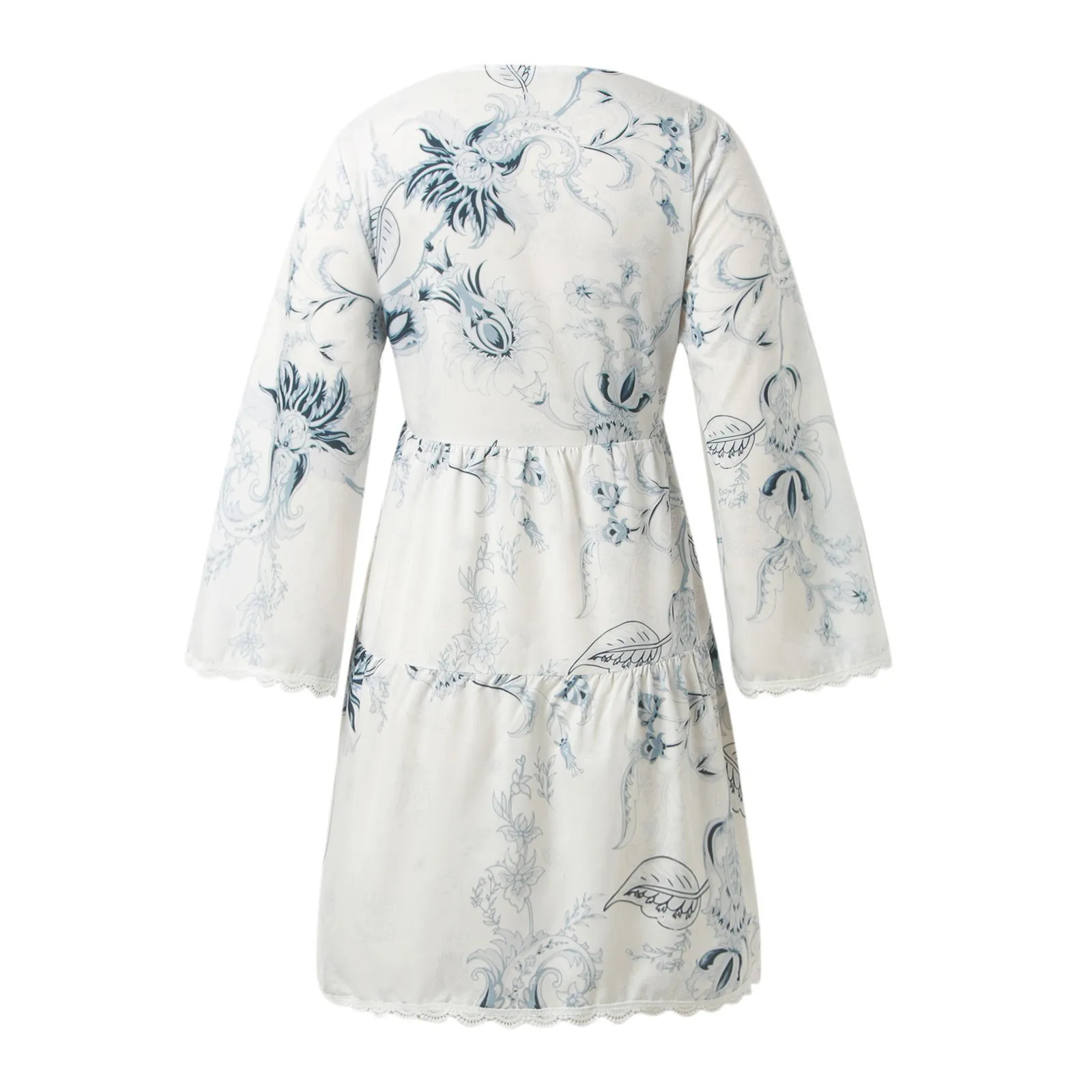 Summer Sexy Hollow Out Print Vintage Dress Women Elegant Long Sleeve A-Line Dresses Fashion Deep V Neck Party Dress 250213