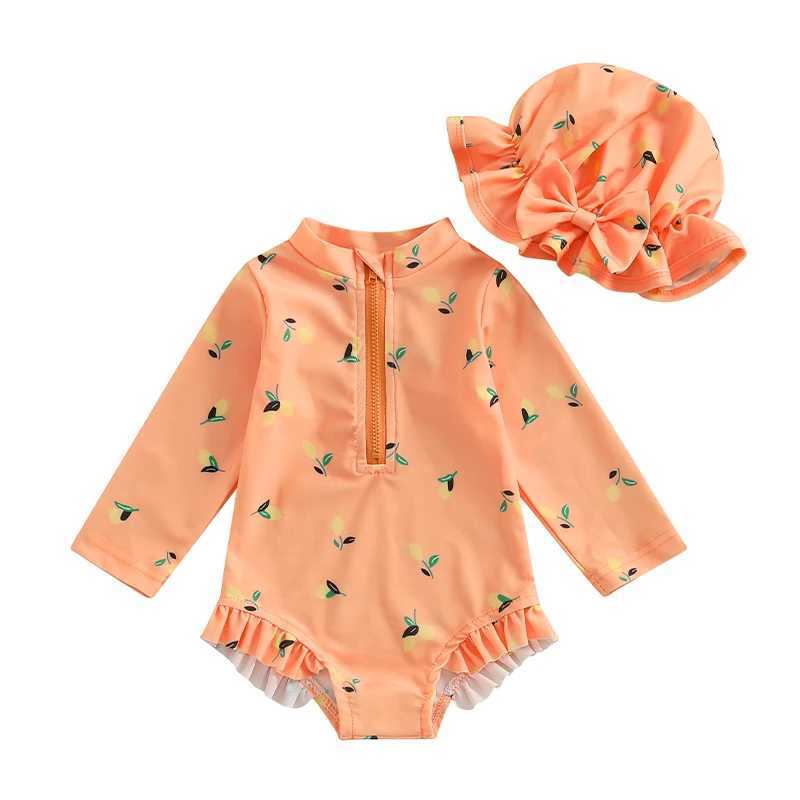 1-5T Toddler Girl Rash Guard Swimsuit Lemon/Watermelon Print Long Sleeve Mock Neck Zipper Bathing Suit with Hat SetXJ250214