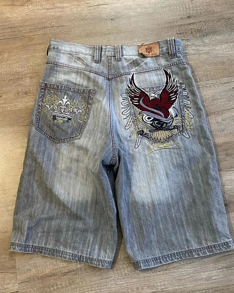 Y2K Skull Beautiful Fashion Embroidered baggy Denim Shorts for men Summer Street Fashion Goth vintage Shorts 250210