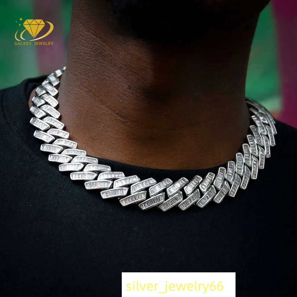Single Row Baguette Miami Cuban Chain Hip Hop 20mm Bling Iced Out Vvs Moissanite Diamond Mens Womens Jewelry Bracelet Necklace